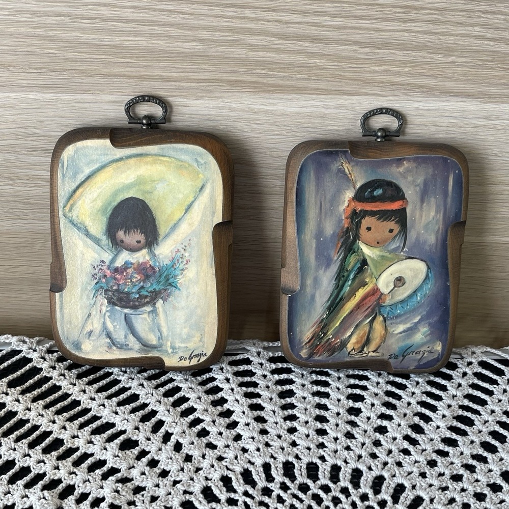 Vintage Ted De Grazia Flower & Drummer Boys Art Prints On Wooden Plaques 5" X 4"